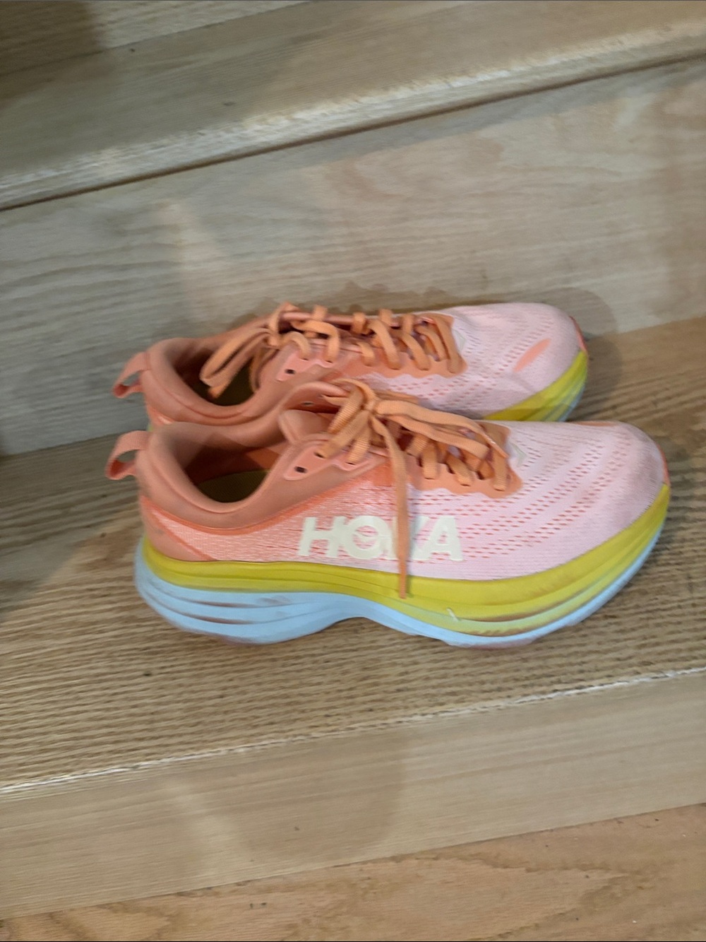 Hoka Peach Coral Running Shoes with Yellow & Light Blue Midsole - Picture 2 of 4